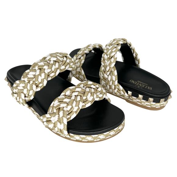 VALENTINO GARAVANI Rockstud Metallic Rope Slide Espadrille EU 37 Gold Sandals - Picture 1 of 13